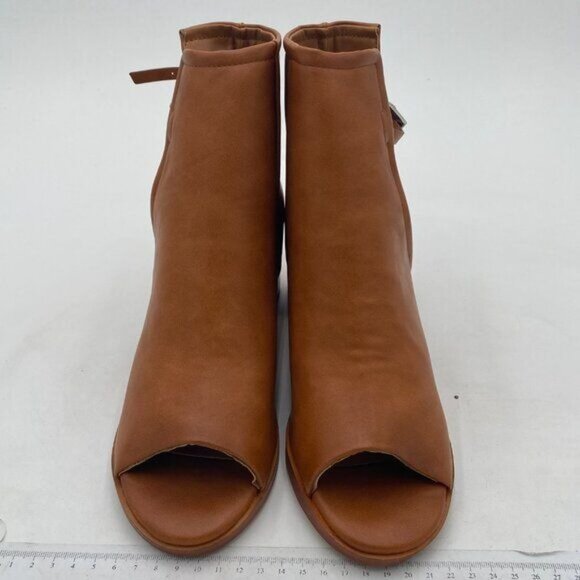 FSJ Brown Peep Open Toe Cut Out Buckle Ankle Bootie Block Low Heeled Shoes - Picture 3 of 8